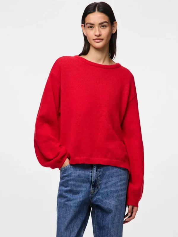 Pieces PCIda LS O-Neck Knit High Risk Red- Strick & Cardigans