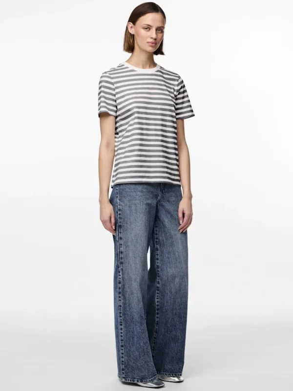 Pieces PCRia SS Tee Stripes Ultimate Grey- T-shirts & Tops