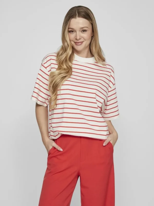 Vila VIJubilee 2/4 T-Shirt Egret/Poppy Red- T-shirts & Tops